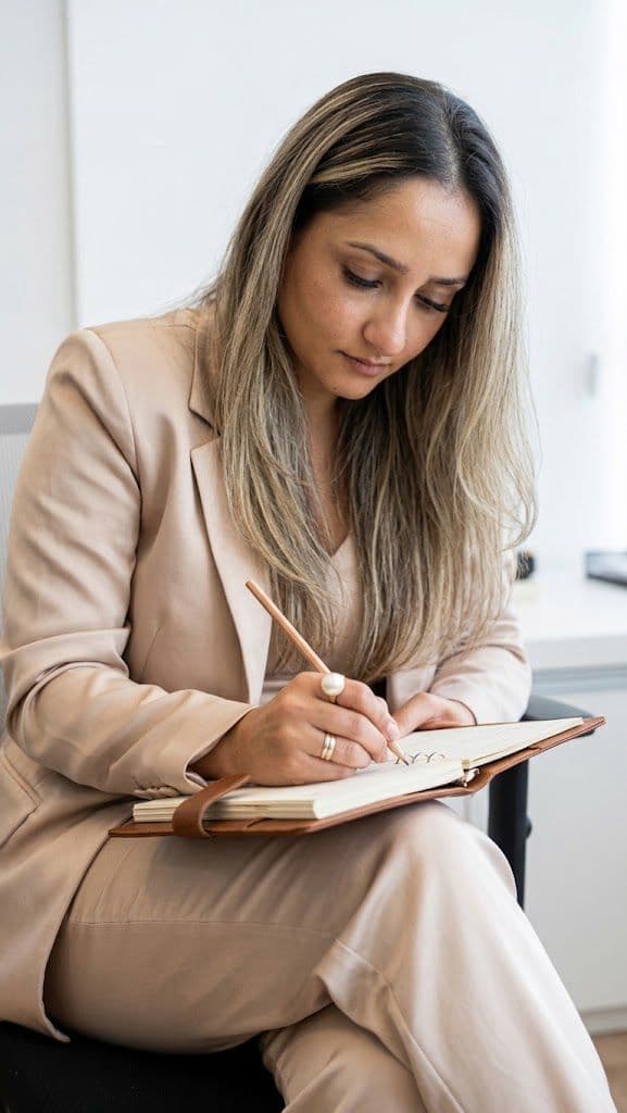 Erika escrevendo durante seu trabalho